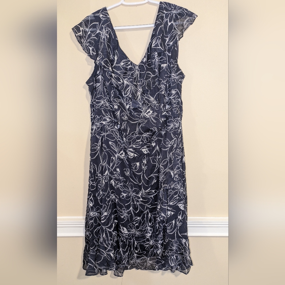 Maggy London Blue Midi Dress with V-Neck Cap Flutter Sleeves for Night Out